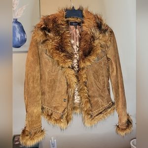 Women's QUE Corduroy Leather Studded Jacket with Faux Fur size Small